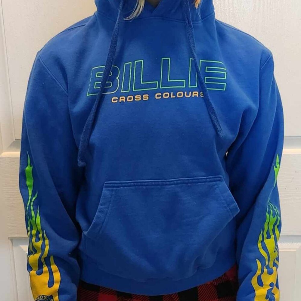 Billie Eilish x Cross Colours Hoodie with Flame Sleeves | Color: Blue | Size: XS